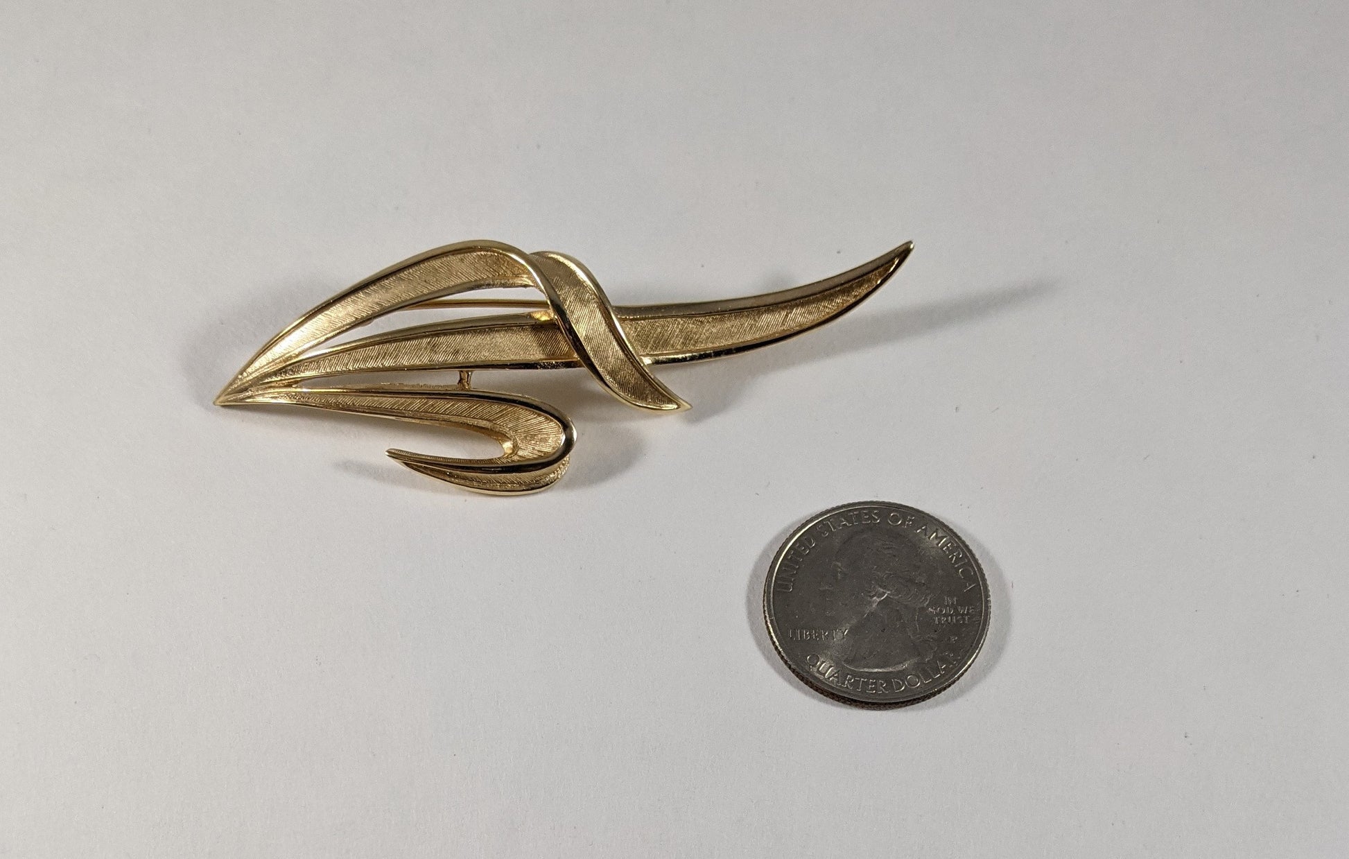 Trifari statement brooch, signed gold tone costume jewelry, vintage 1960s designer leaf pin, elegant scarf or jacket accessory