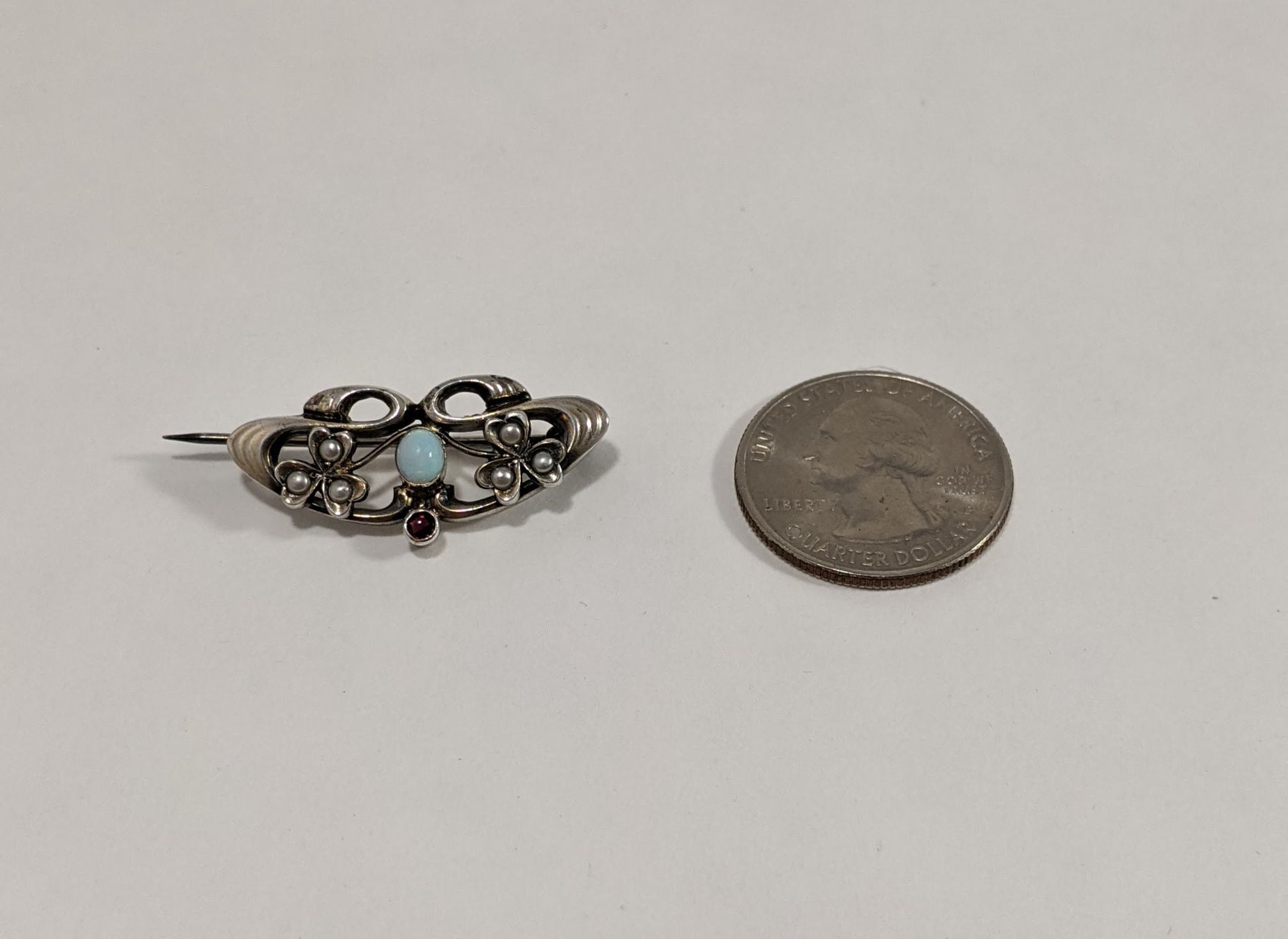 Opal and Garnet Art Nouveau Brooch, Antique Seed Pearl Jewelry