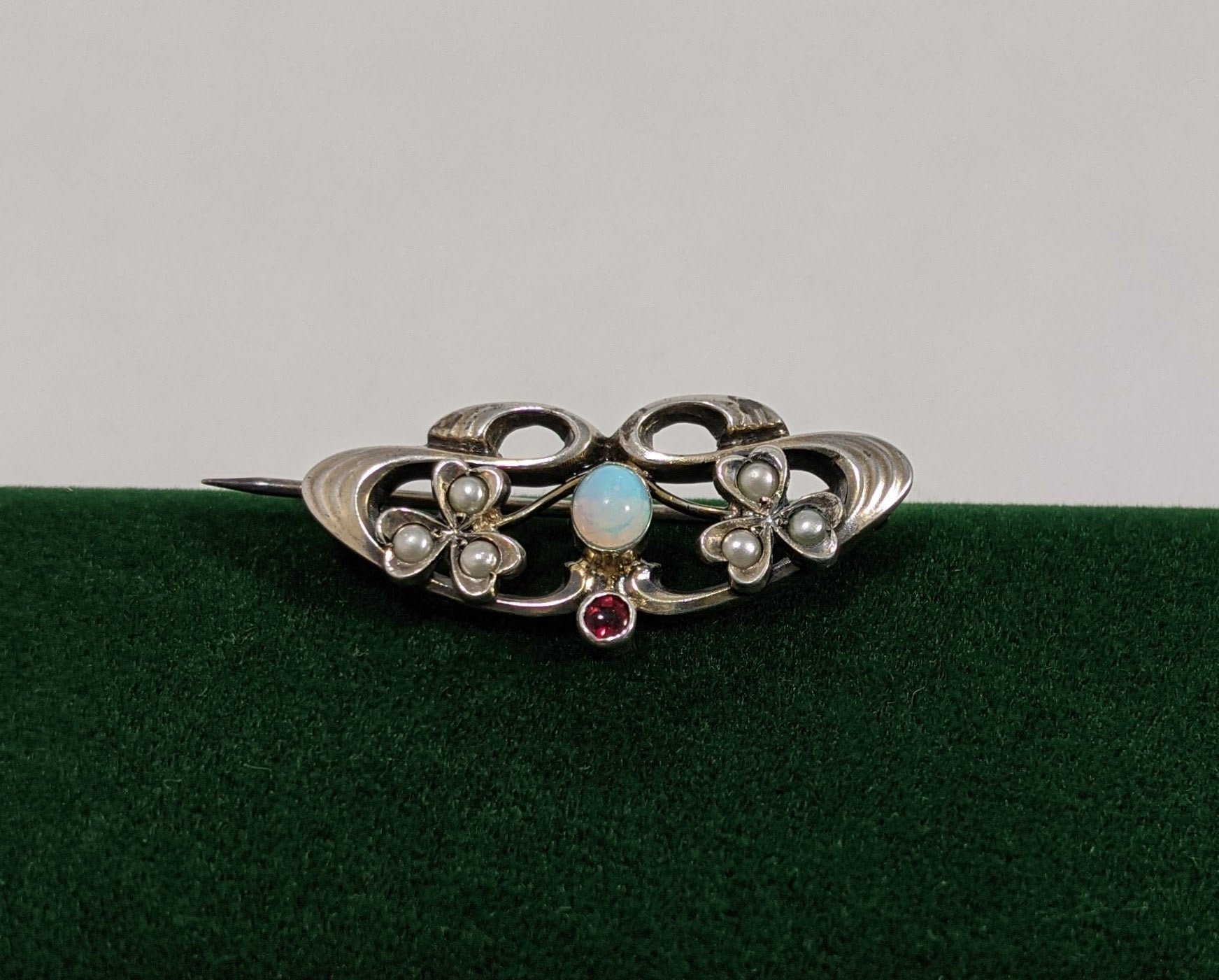 Opal and Garnet Art Nouveau Brooch, Antique Seed Pearl Jewelry