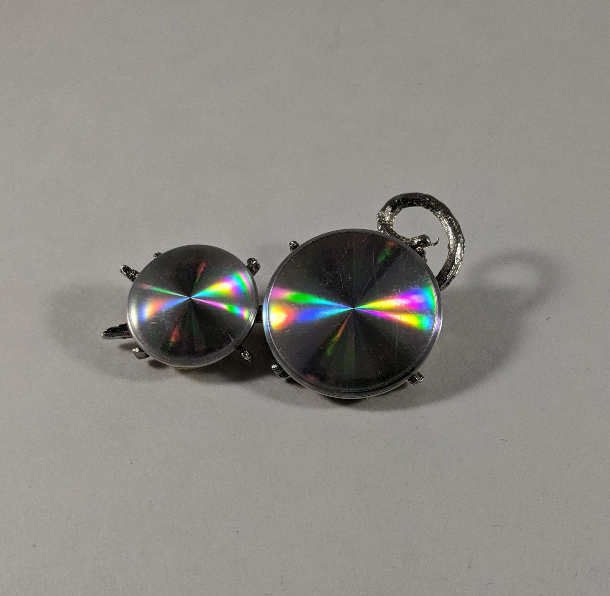 Jewelarama 1961 hologram cat brooch, vintage kitty pin, retro costume jewelry, collectible 1960s psychedelic fun gift for cat lover