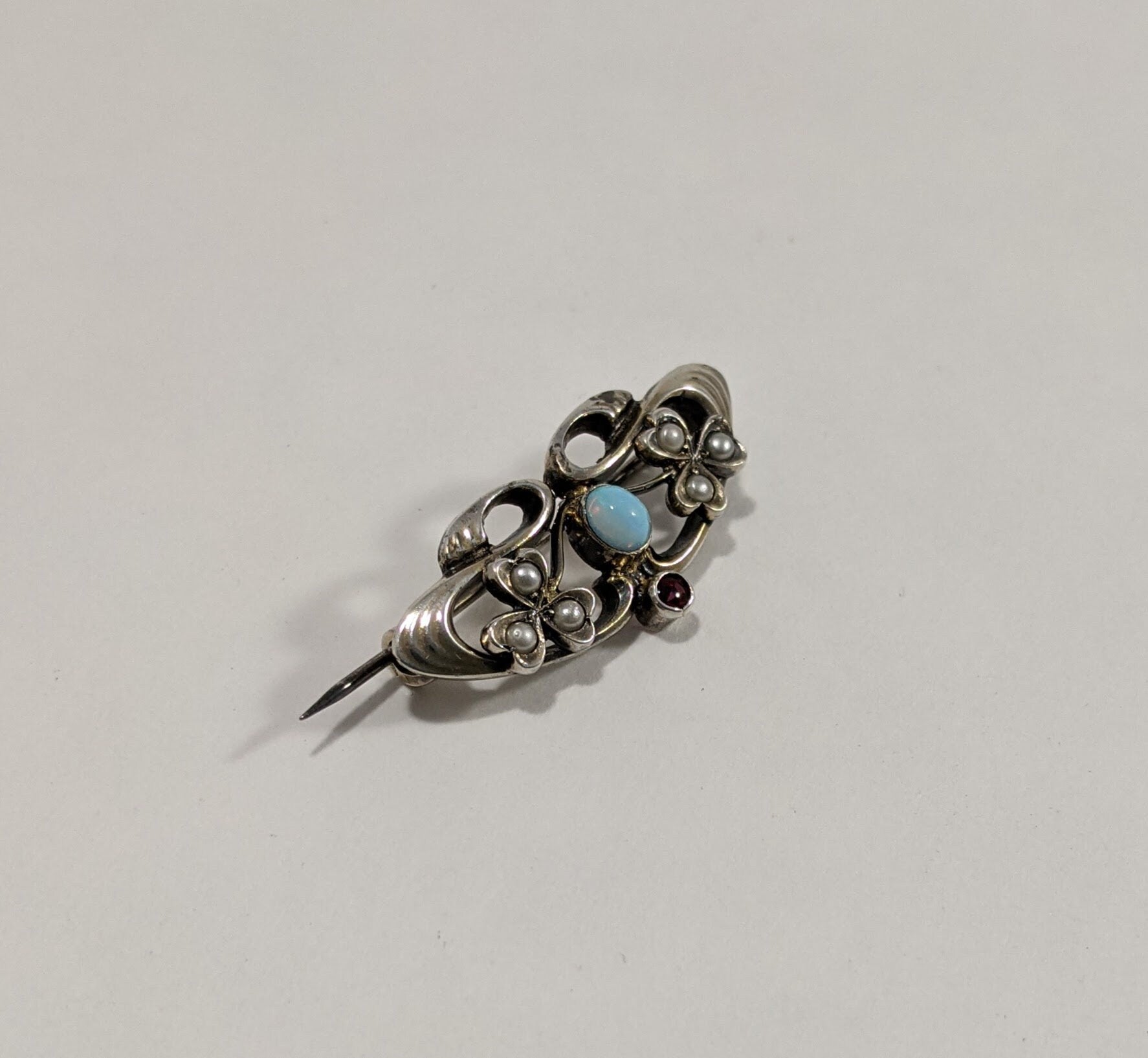 Opal and Garnet Art Nouveau Brooch, Antique Seed Pearl Jewelry
