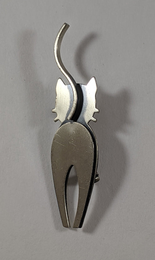 Mid Century Signed Sterling Silver Cat Pin | Modernist Rudow Kitty Brooch | Vintage MCM Jewelry for Cat Lovers