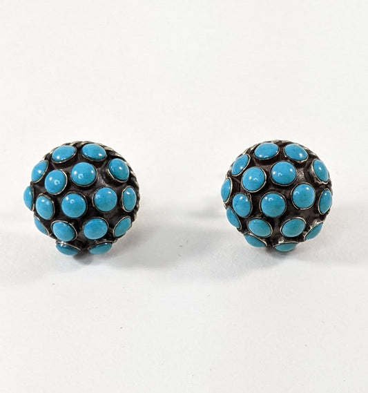 Vintage Alpaca Turquoise Dome Earrings | Mexican Silver Screw Back Earrings | Southwestern Jewelry