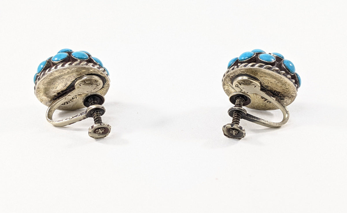 Vintage Alpaca Turquoise Dome Earrings | Mexican Silver Screw Back Earrings | Southwestern Jewelry