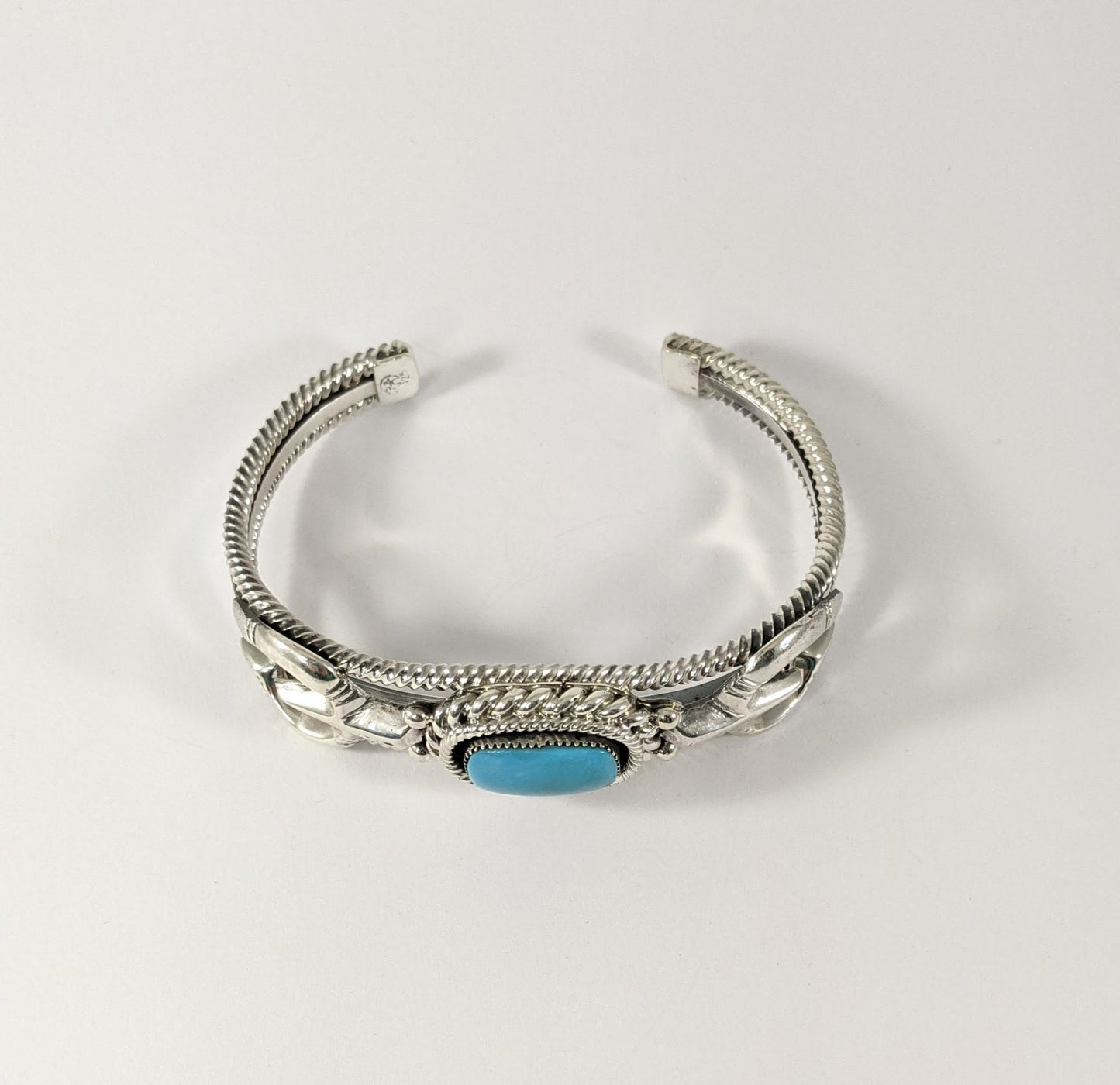 Sterling Silver and Turquoise Cuff Bracelet with Traditional Naja Design and Rope Detail, Signed Running Bear