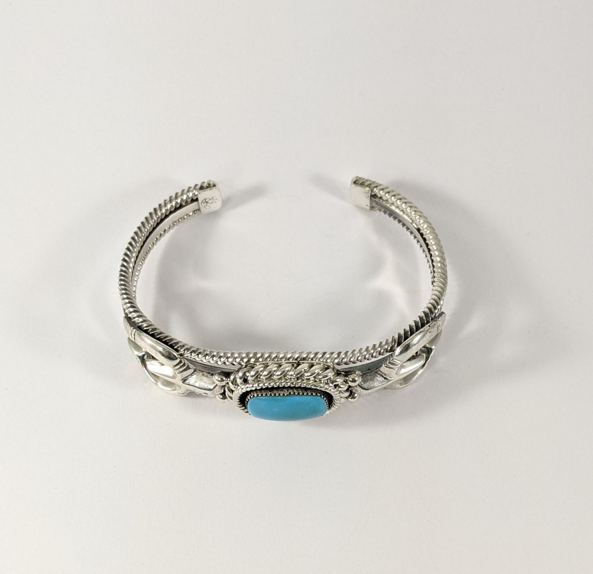 Sterling Silver and Turquoise Cuff Bracelet with Traditional Naja Design and Rope Detail, Signed Running Bear