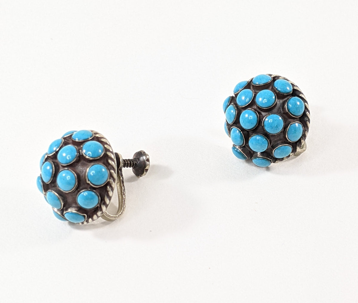 Vintage Alpaca Turquoise Dome Earrings | Mexican Silver Screw Back Earrings | Southwestern Jewelry