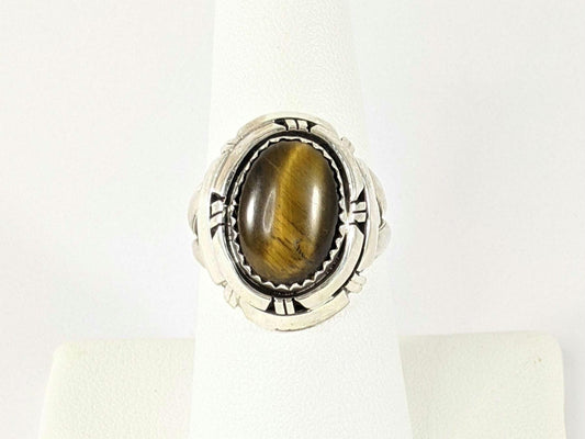 Tiger's Eye Ring, Signed Spencer Sterling Silver, Native American Navajo Jewelry, Large Statement Ring