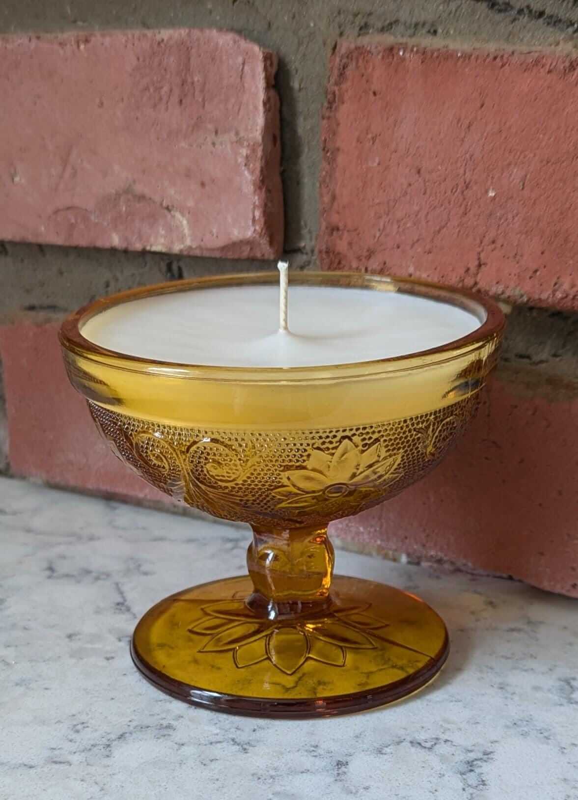 Hand-poured vintage glass candle with coco-soy wax blend, &#39;Oh, Sugar Cookie!&#39; scent, amber Tiara design, 4oz.