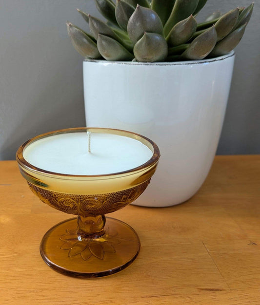 Hand-poured vintage glass candle with coco-soy wax blend, &#39;Oh, Sugar Cookie!&#39; scent, amber Tiara design, 4oz.