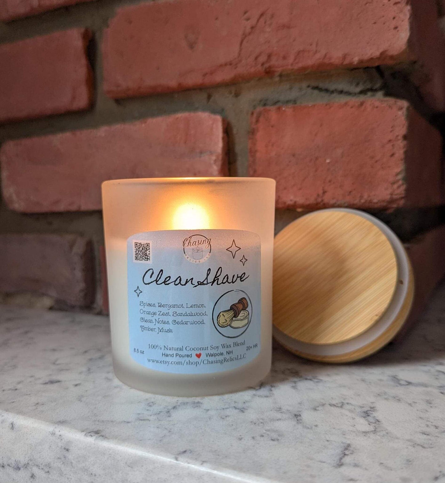 100% natural coconut soy wax blend &#39;Clean Shave&#39; non-toxic candle. Hand poured in Walpole, NH.