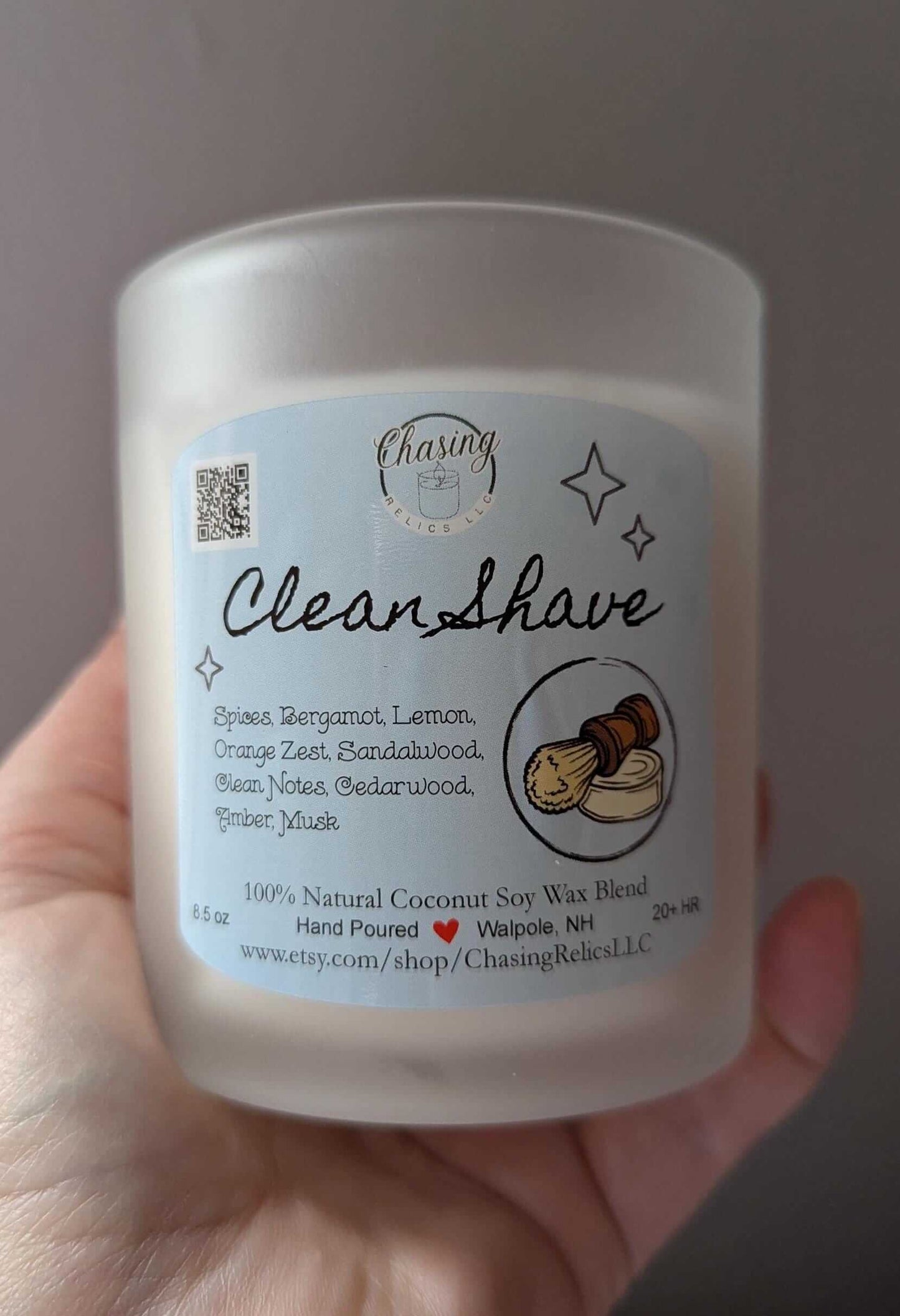 100% natural coconut soy wax blend &#39;Clean Shave&#39; non-toxic candle. Hand poured in Walpole, NH.