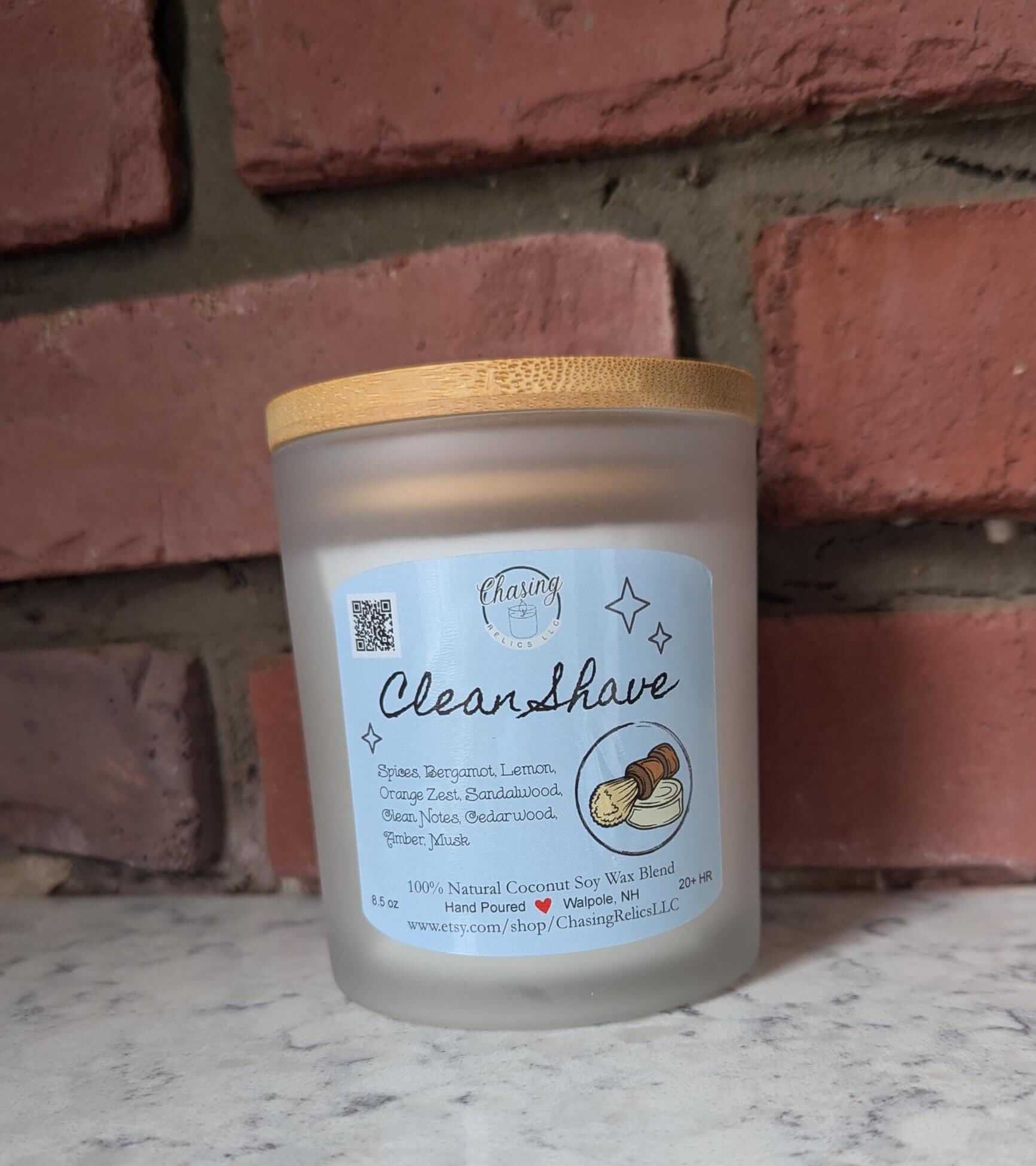 100% natural coconut soy wax blend &#39;Clean Shave&#39; non-toxic candle. Hand poured in Walpole, NH.
