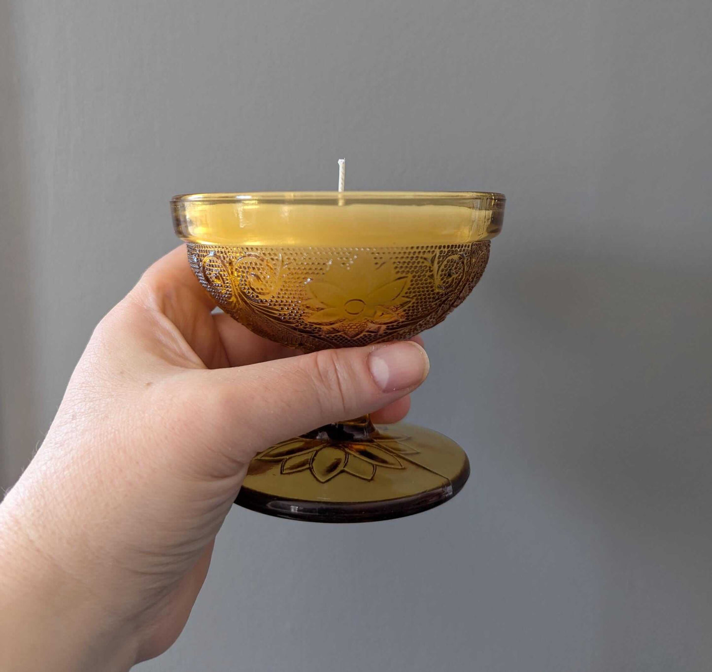 Hand-poured vintage glass candle with coco-soy wax blend, &#39;Oh, Sugar Cookie!&#39; scent, amber Tiara design, 4oz.