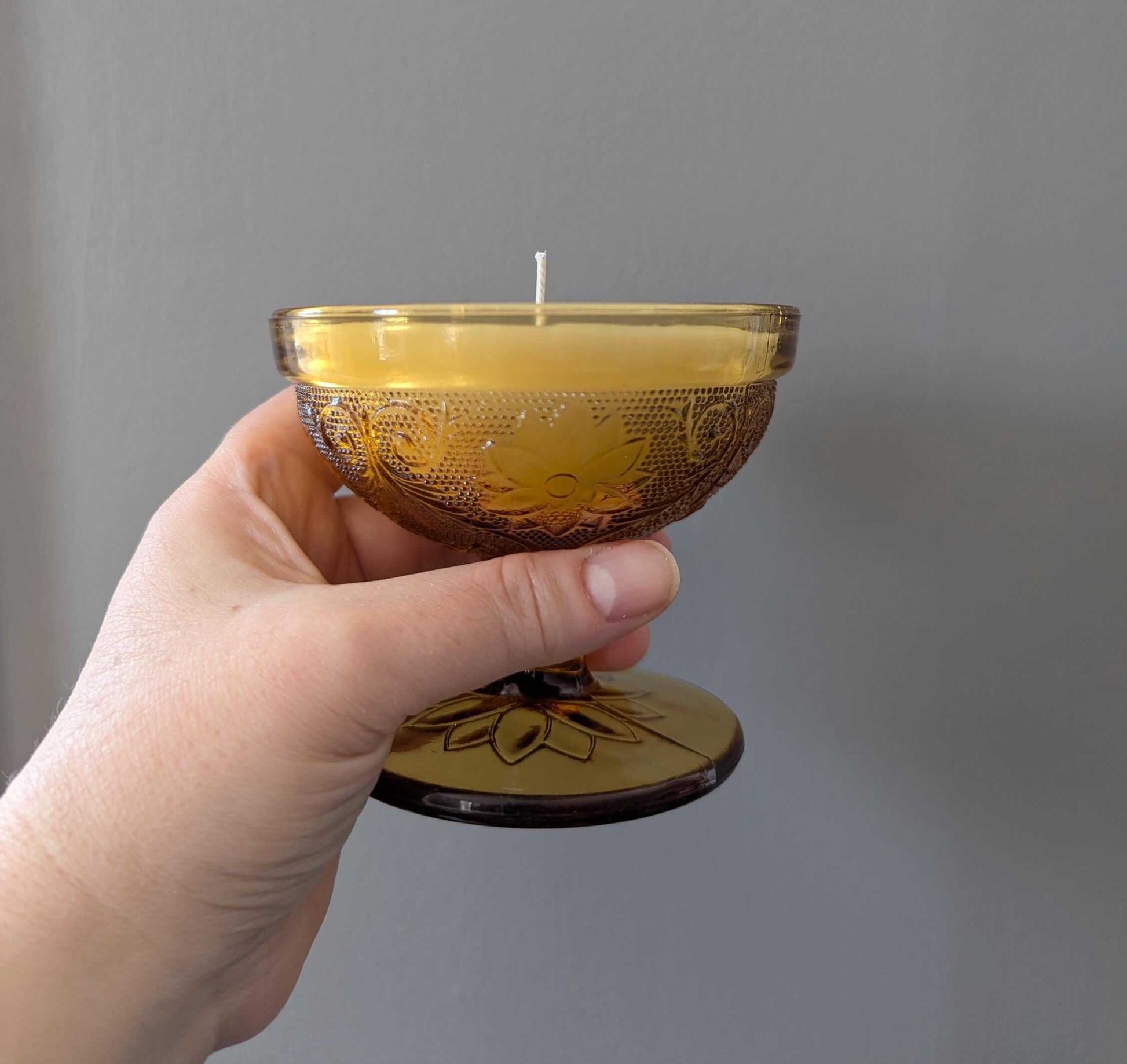Hand-poured vintage glass candle with coco-soy wax blend, &#39;Oh, Sugar Cookie!&#39; scent, amber Tiara design, 4oz.