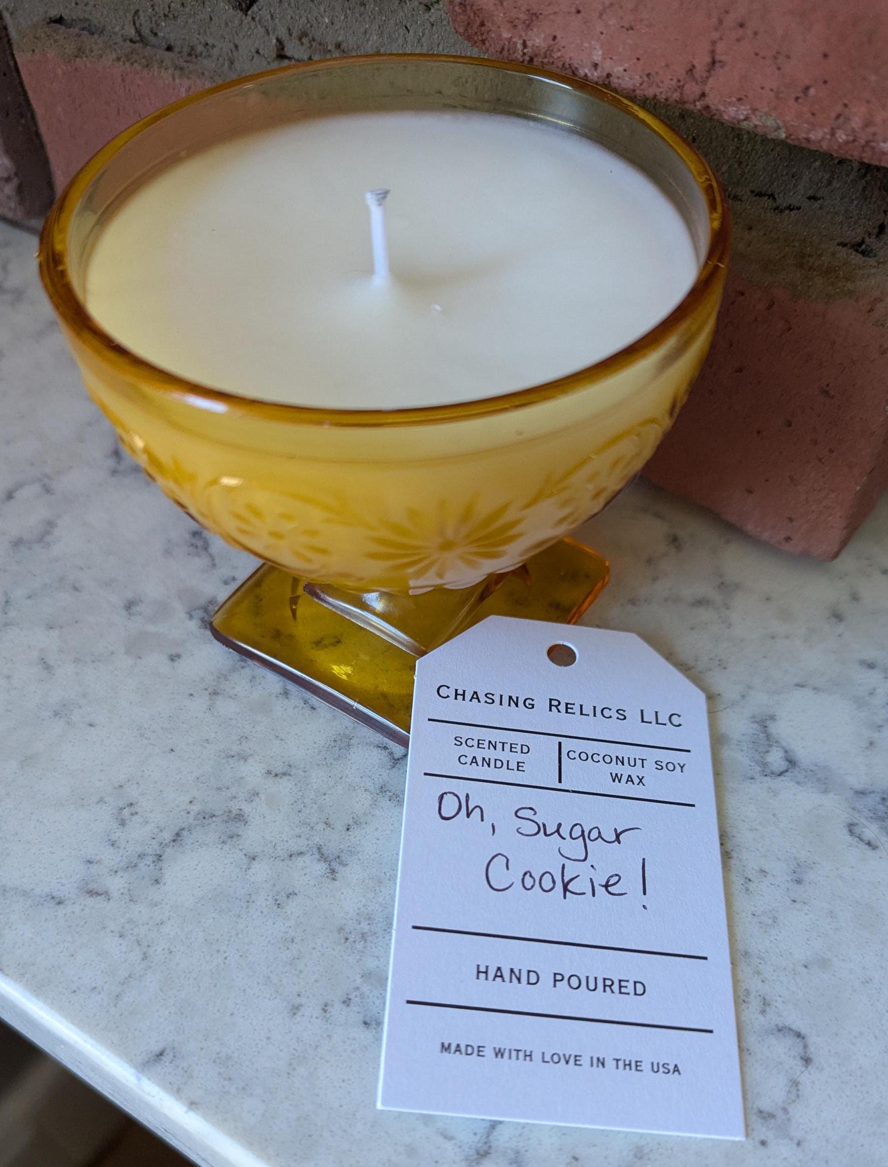 Hand-poured vintage glass candle with coco-soy wax blend, &#39;Oh, Sugar Cookie!&#39; scent, Daisy amber design, 6oz.