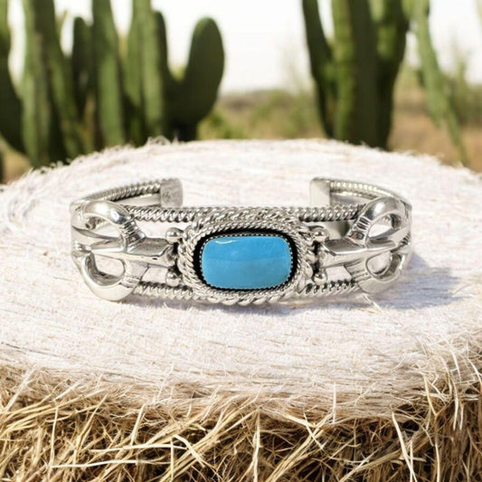 Sterling Silver and Turquoise Cuff Bracelet with Traditional Naja Design and Rope Detail, Signed Running Bear