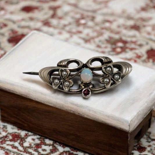 Opal and Garnet Art Nouveau Brooch, Antique Seed Pearl Jewelry