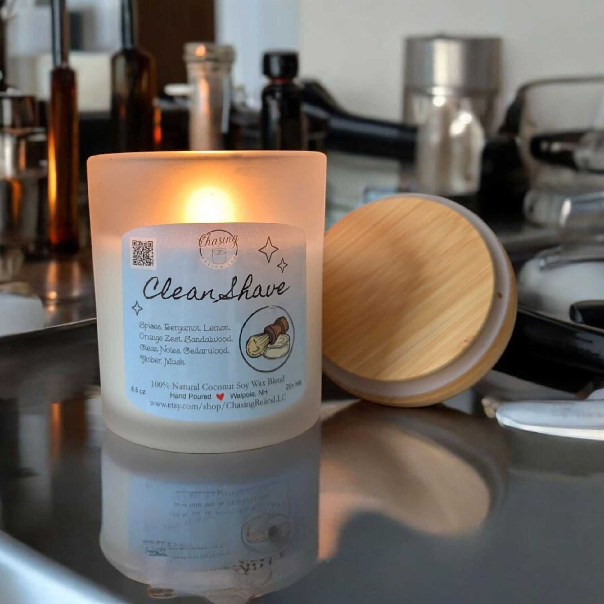 100% natural coconut soy wax blend &#39;Clean Shave&#39; non-toxic candle. Hand poured in Walpole, NH.