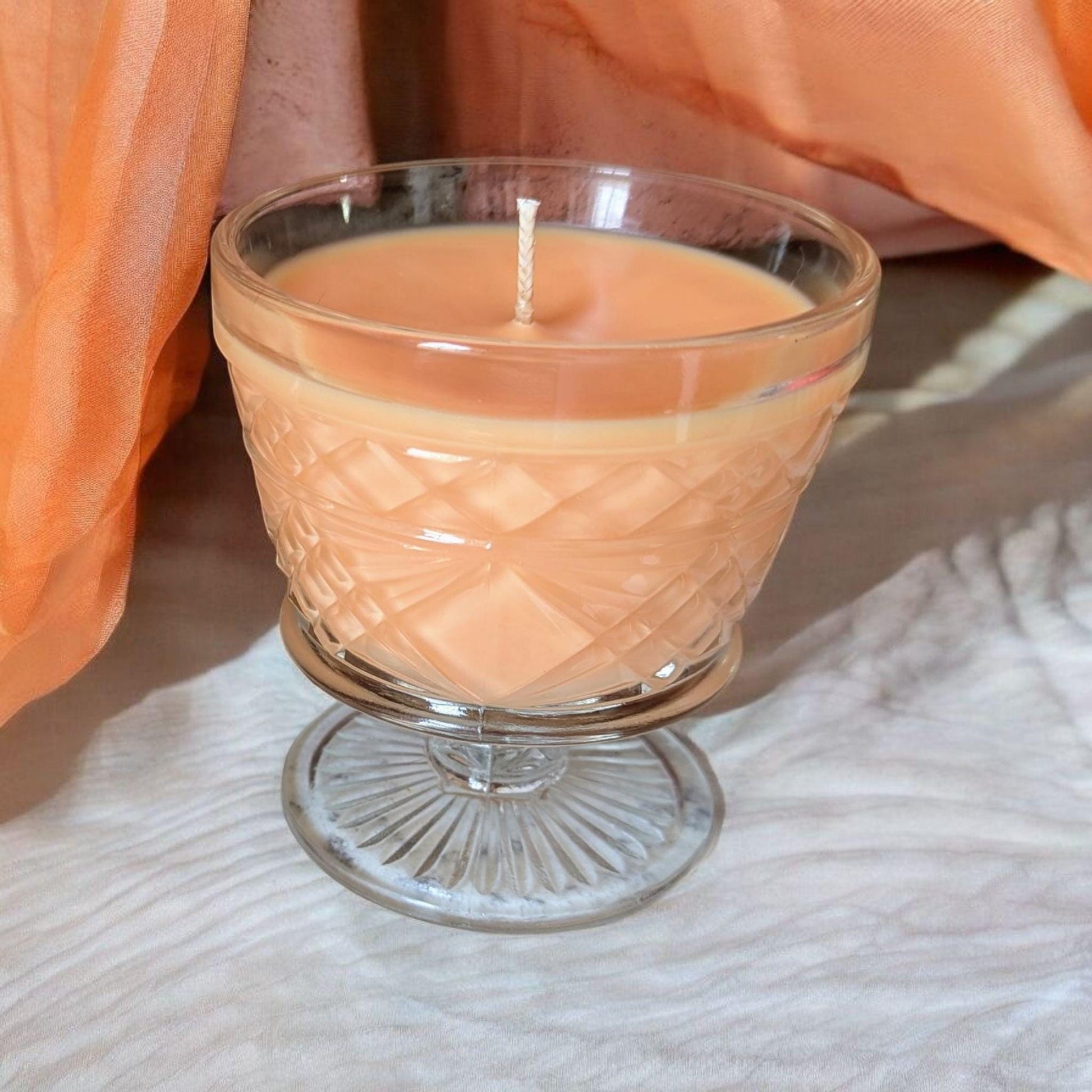 Clementine Sunshine, Upcycled Natural Coco-Soy Wax Blend, Vintage Clear Glass Sherbet Cup, 6 oz