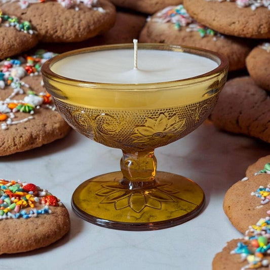 Sugar Cookie Whimsical Candle in Vintage Amber Tiara Sherbet Cup, 4 oz, Luxury Coco-Soy Blend