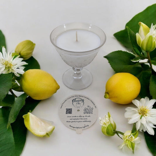 Lemon Blossom Vintage Glass Candle – Coco-Soy Wax, Wildflower Seed Dust Cover, Eco-Friendly Gift, 4oz