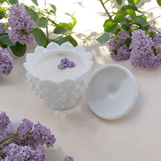 Lilac Candle in Vintage Fenton Hobnail Jar – 6 oz | Hand-Poured Coco-Soy Wax | Lidded Milk Glass | New Hampshire Springtime Scent