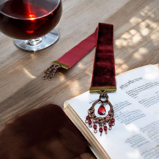 Garnet Velvet Bookmark – Boho Chandelier-Inspired Red Ribbon with Vintage Copper Filigree Charm | Handmade 10" Luxe Book Accessory