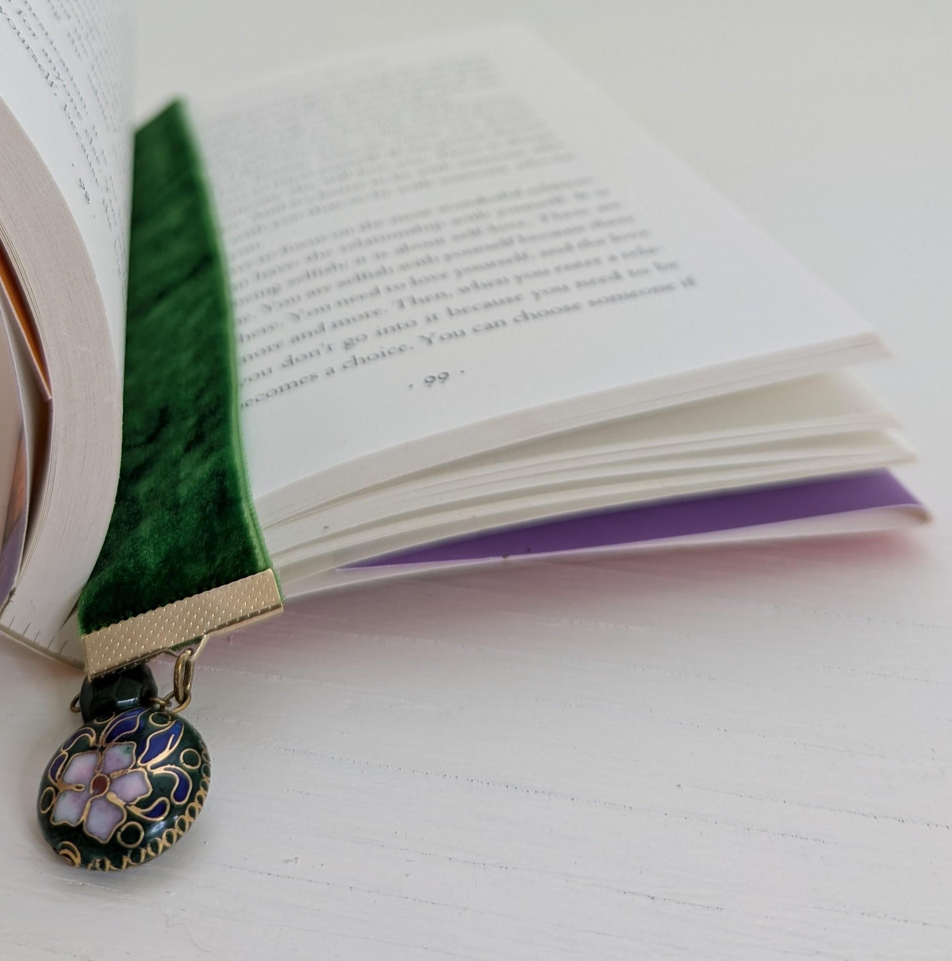 Emerald Velvet Bookmark with Vintage Floral Cloisonné Charm | Handmade Ribbon Bookmark | Luxe Book Lover Gift | 8" Length Medium Book Size