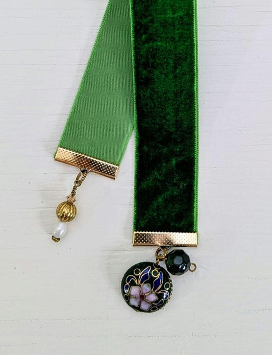 Emerald Velvet Bookmark with Vintage Floral Cloisonné Charm | Handmade Ribbon Bookmark | Luxe Book Lover Gift | 8" Length Medium Book Size