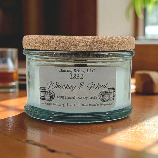 Whiskey and Wood Candle – Bourbon, Oak and Patchouli | Masculine Scented Candle in Vintage Glass | Wooden Wick | 1832 Collection | Hand Pour