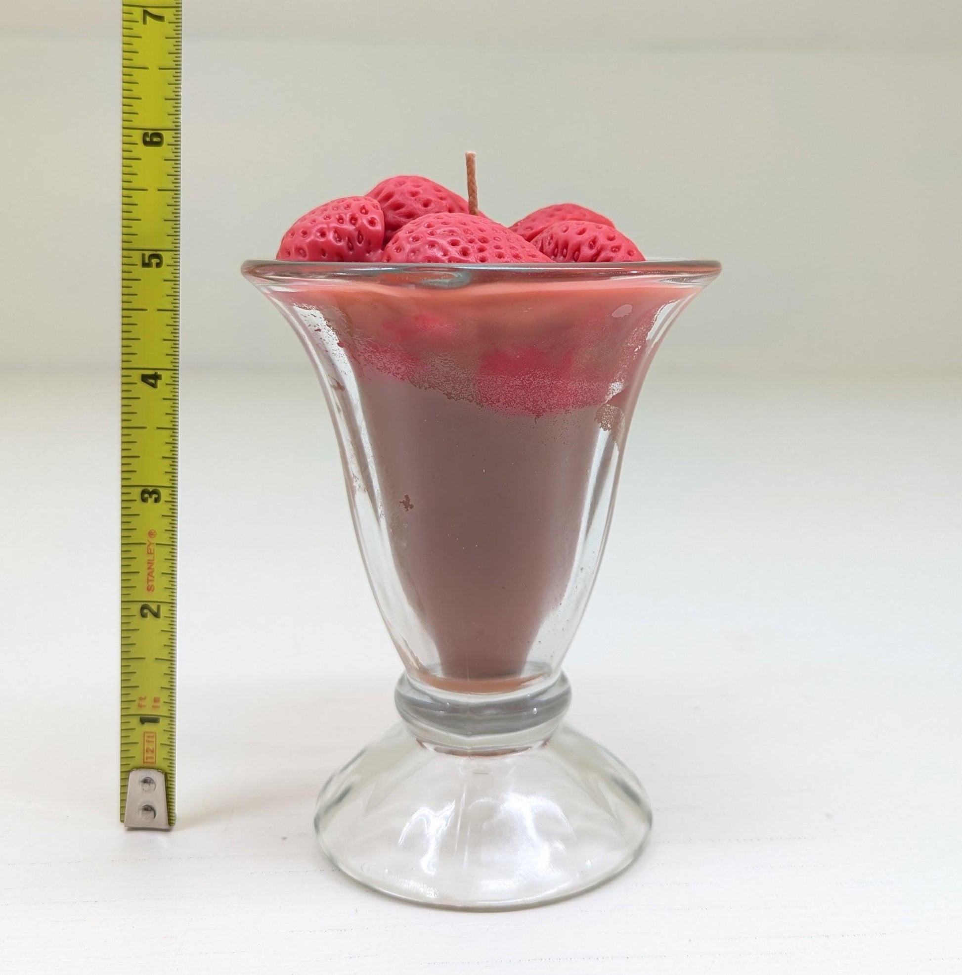 Strawberry Chocolate Sundae Candle – Vintage Glass Dessert Candle | Realistic Wax Strawberries | 6oz Coco Soy Candle | Handmade Gift