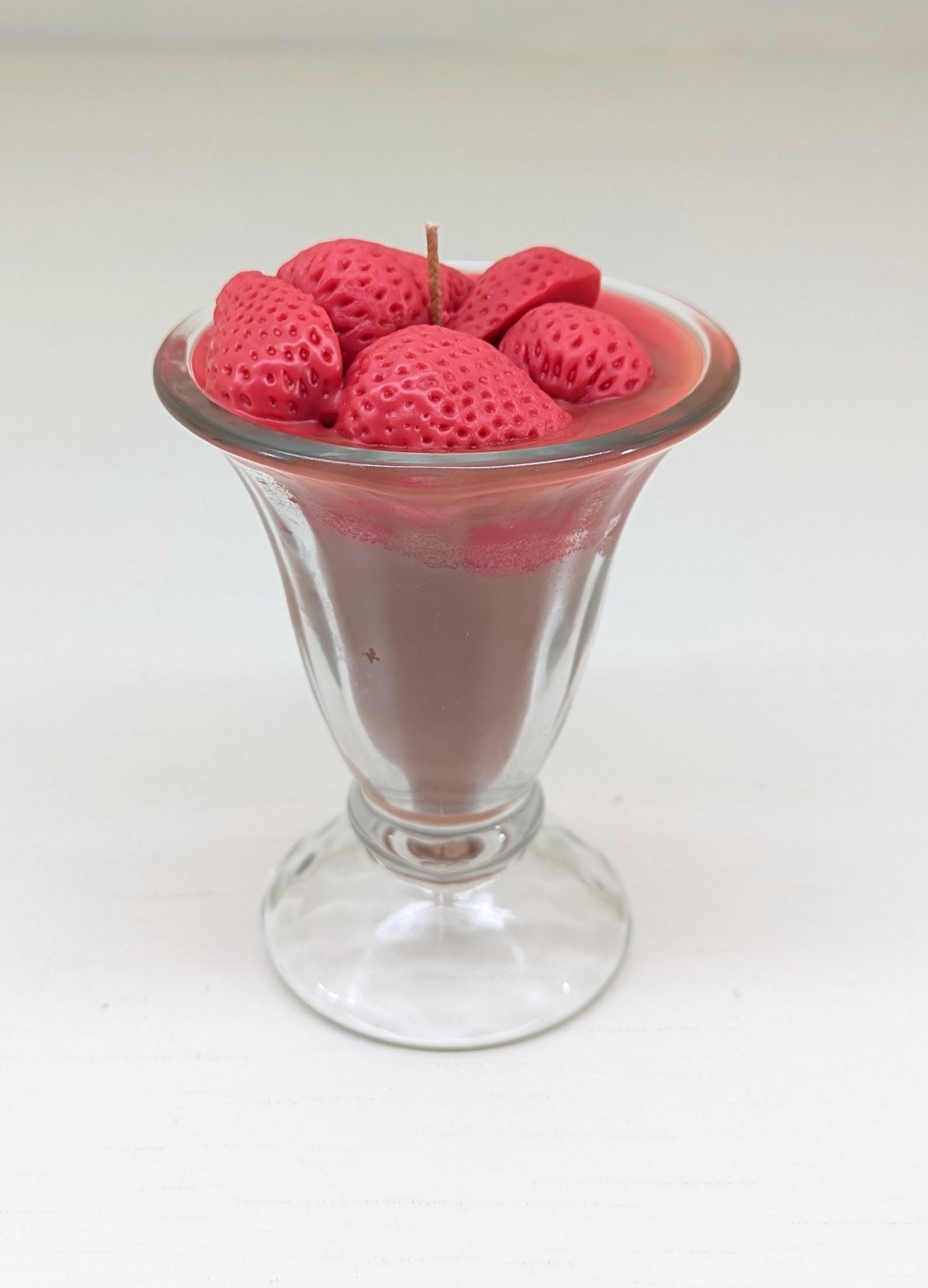 Strawberry Chocolate Sundae Candle – Vintage Glass Dessert Candle | Realistic Wax Strawberries | 6oz Coco Soy Candle | Handmade Gift