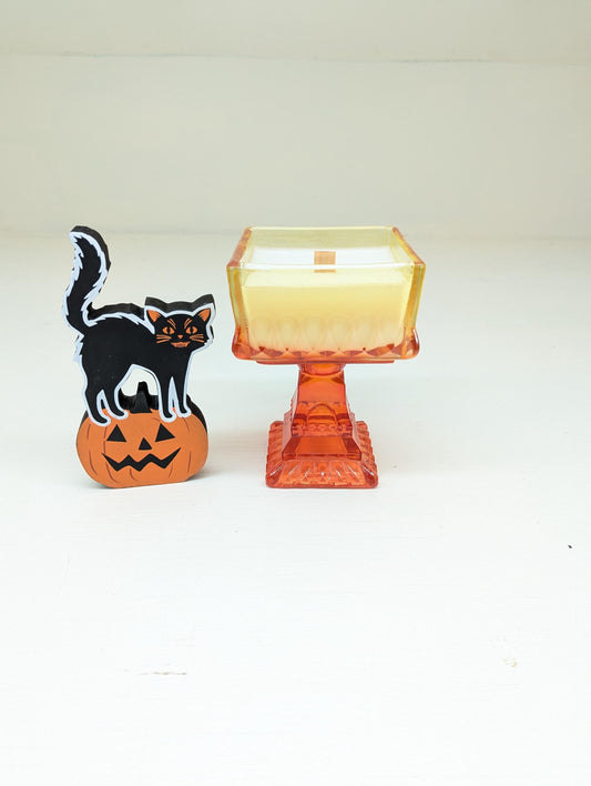 Apple Cider Candle – 10 oz Coco Soy | Vintage Orange Pedestal Glass | Wooden Wick | Hand Poured Autumn Candle