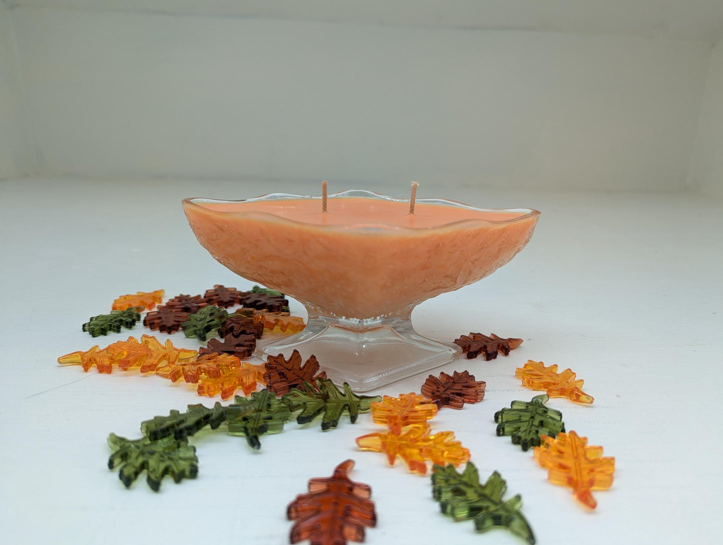 Autumn Leaves Candle – Vintage Glass Pedestal Bowl | Coco Soy Wax | Double Cotton Wicks | Fall Home Decor | Hand Poured 6oz