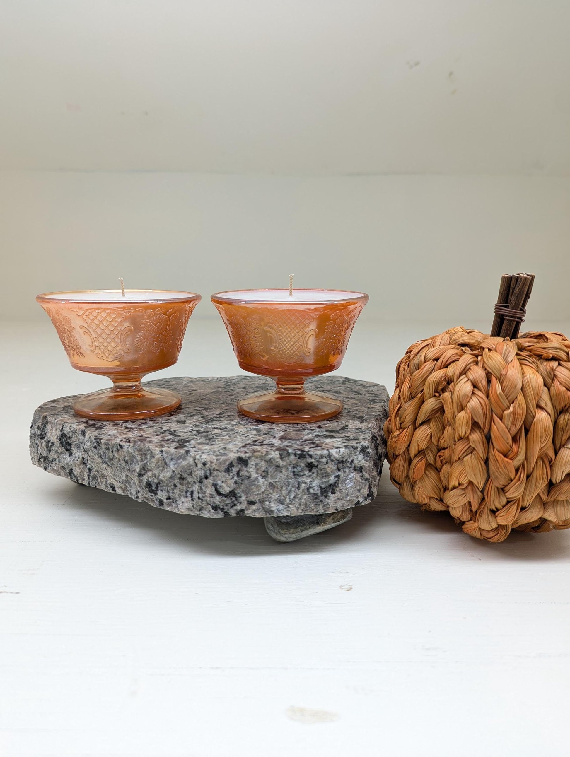 Pumpkin Waffle Candle Duo – 4 oz Vintage Peach Glass | Coco Soy Wax | Cotton Wick | Fall Candle Gift Set | Small Batch Handmade