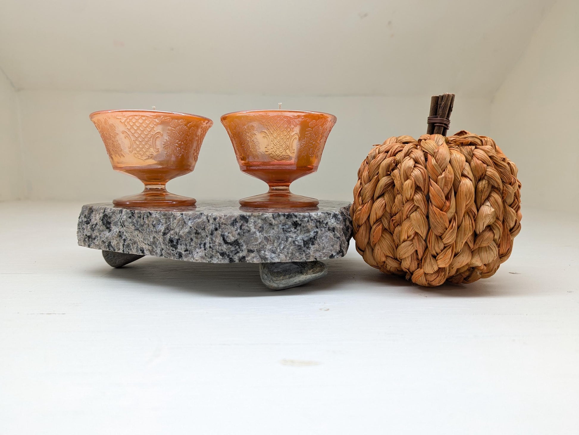 Pumpkin Waffle Candle Duo – 4 oz Vintage Peach Glass | Coco Soy Wax | Cotton Wick | Fall Candle Gift Set | Small Batch Handmade