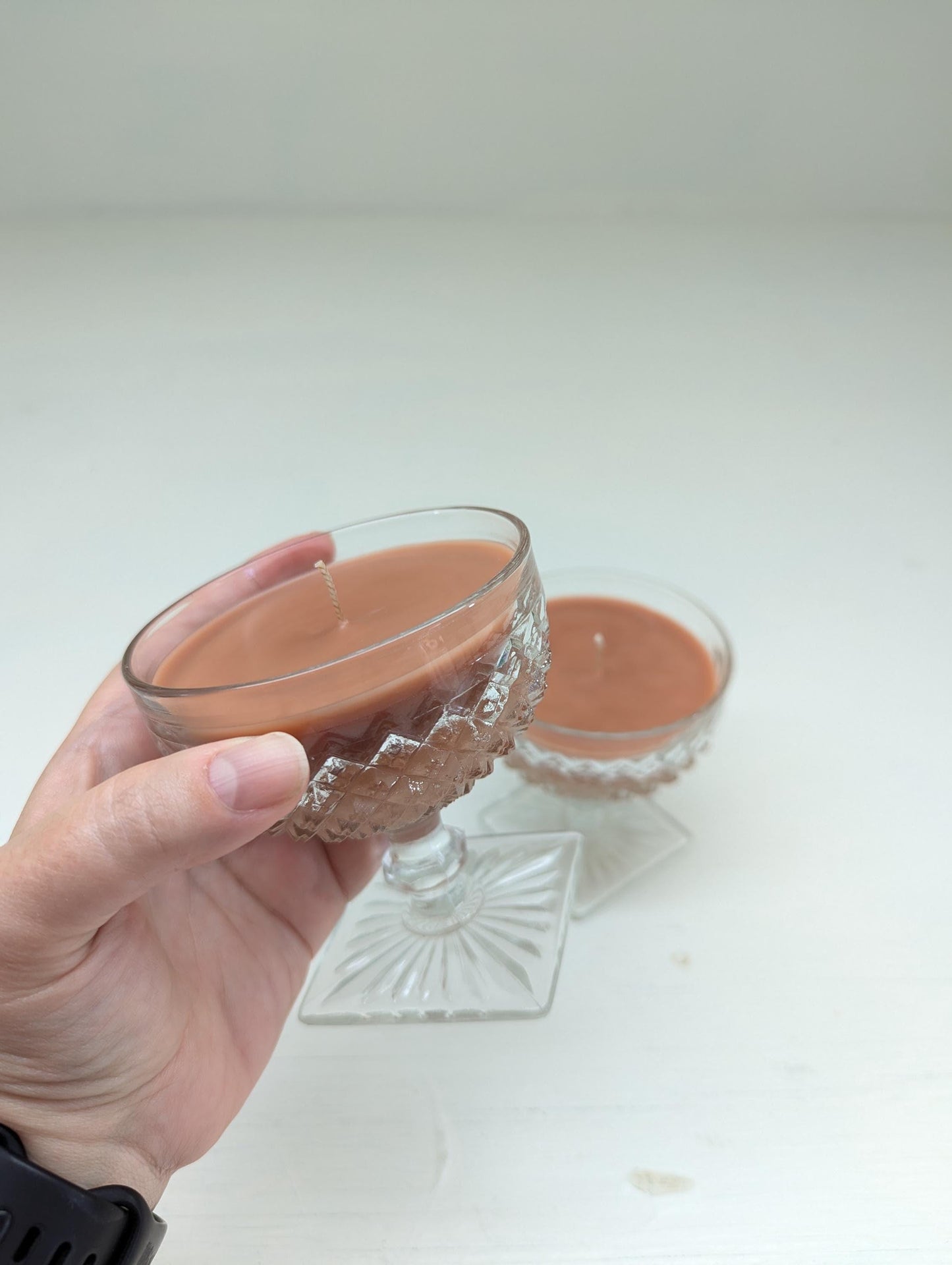 Chocolate Pudding Candle Duo – 4 oz Vintage Cut Glass Cups | Coco Soy Wax | Cotton Wick | Upcycled Dessert Candle Gift Set