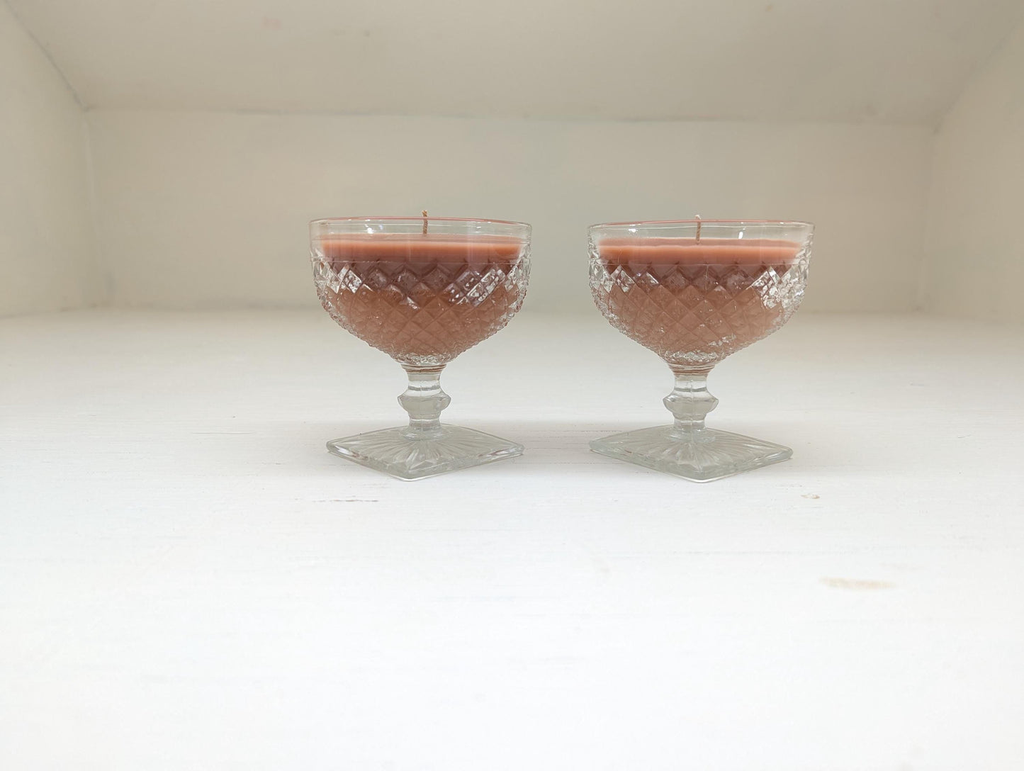 Chocolate Pudding Candle Duo – 4 oz Vintage Cut Glass Cups | Coco Soy Wax | Cotton Wick | Upcycled Dessert Candle Gift Set