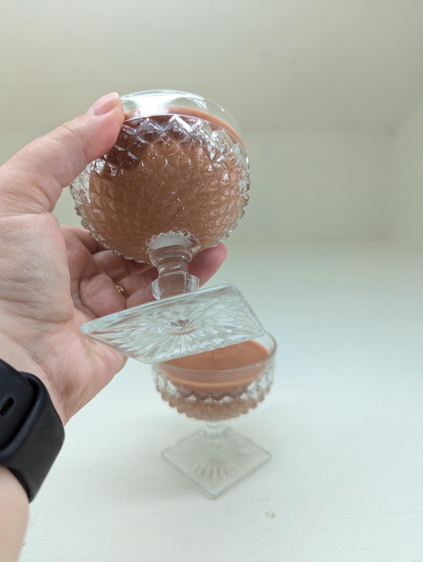 Chocolate Pudding Candle Duo – 4 oz Vintage Cut Glass Cups | Coco Soy Wax | Cotton Wick | Upcycled Dessert Candle Gift Set