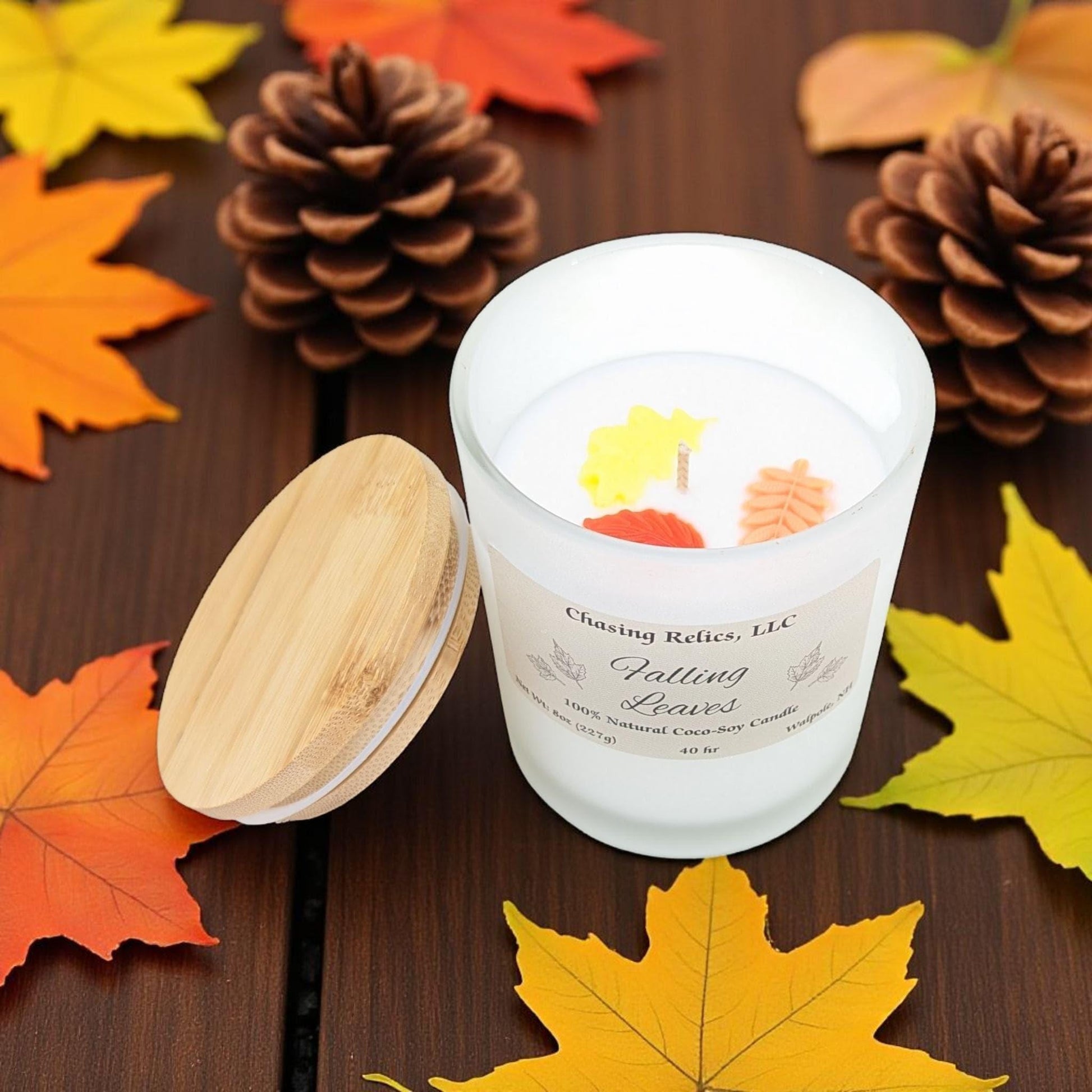 Falling Leaves Coco-Soy Candle - Autumn Scented, Bamboo Lid - 8oz