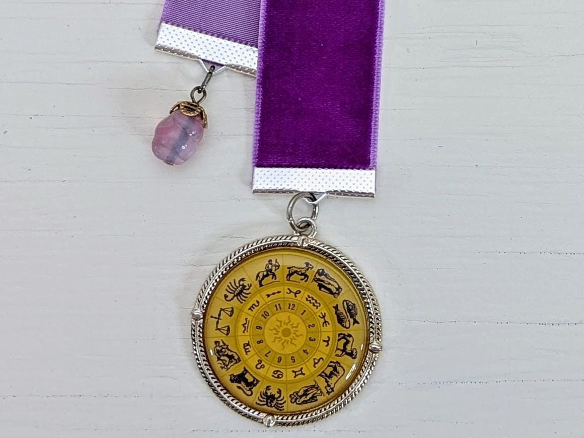 Zodiac Velvet Bookmark – Vintage Astrology Charm & Gemstone Accent | 12" Purple Ribbon | Handmade Gift for Readers and Horoscope Lovers