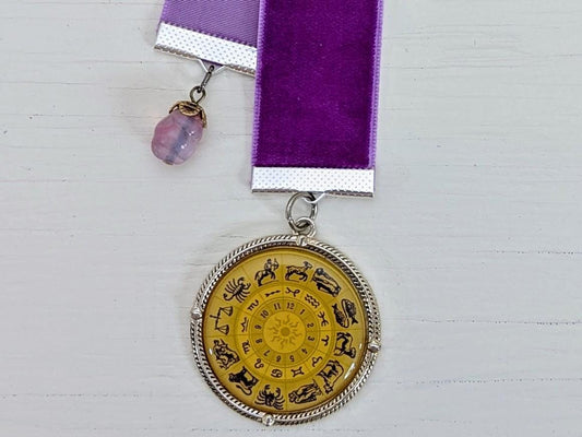 Zodiac Velvet Bookmark – Vintage Astrology Charm & Gemstone Accent | 12" Purple Ribbon | Handmade Gift for Readers and Horoscope Lovers