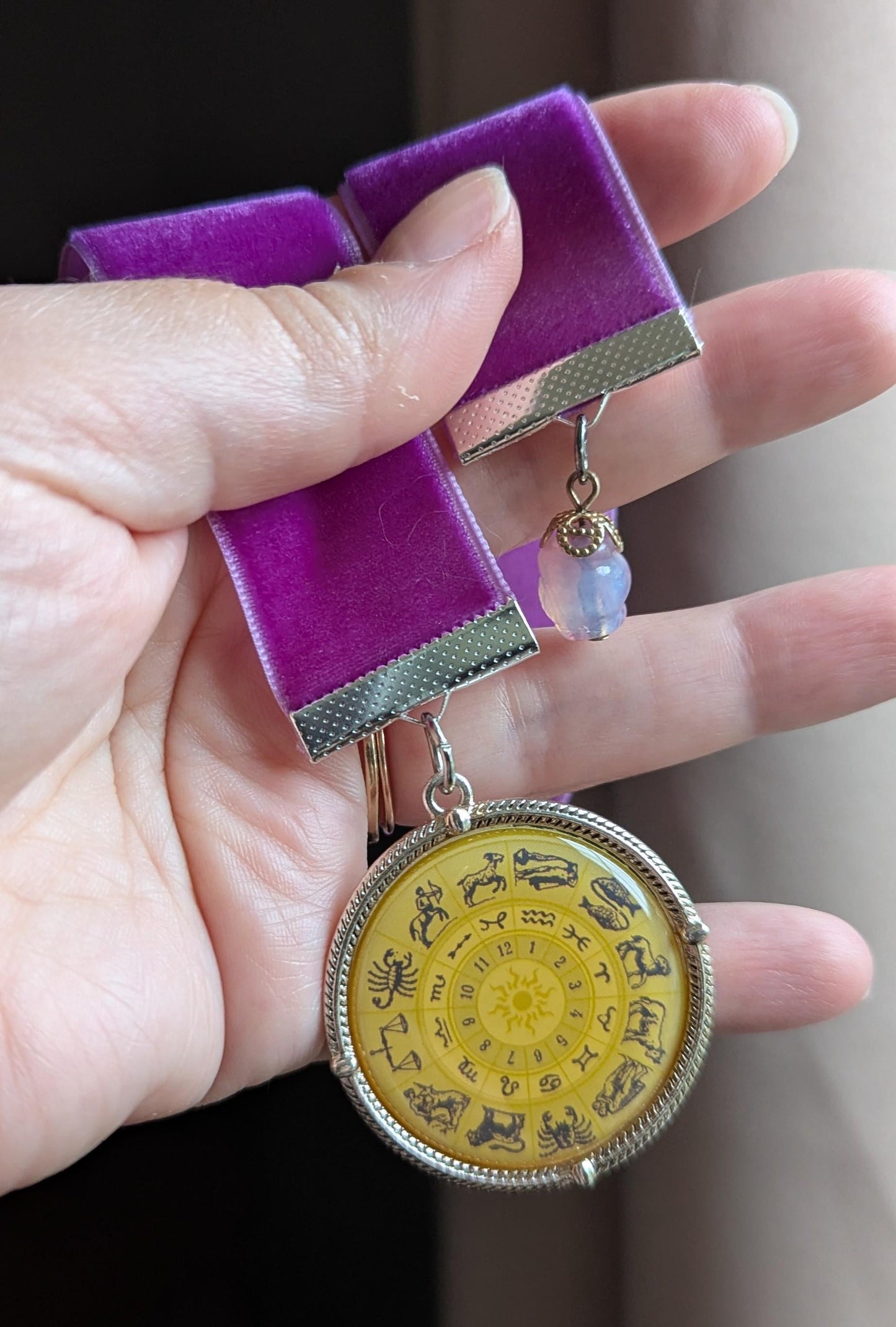 Zodiac Velvet Bookmark – Vintage Astrology Charm & Gemstone Accent | 12" Purple Ribbon | Handmade Gift for Readers and Horoscope Lovers