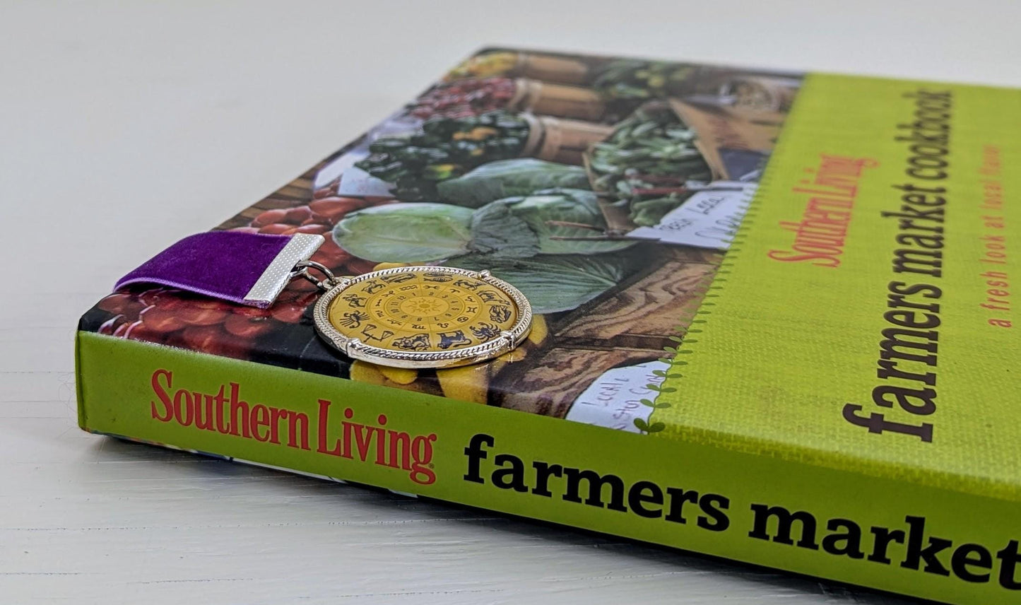 Zodiac Velvet Bookmark – Vintage Astrology Charm & Gemstone Accent | 12" Purple Ribbon | Handmade Gift for Readers and Horoscope Lovers