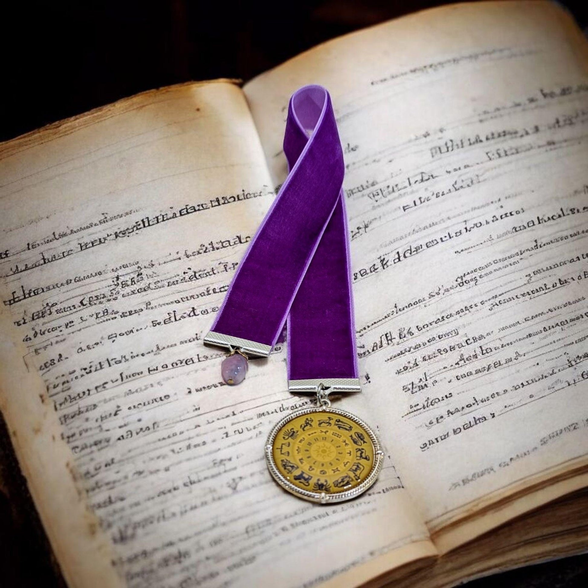Zodiac Velvet Bookmark – Vintage Astrology Charm & Gemstone Accent | 12" Purple Ribbon | Handmade Gift for Readers and Horoscope Lovers