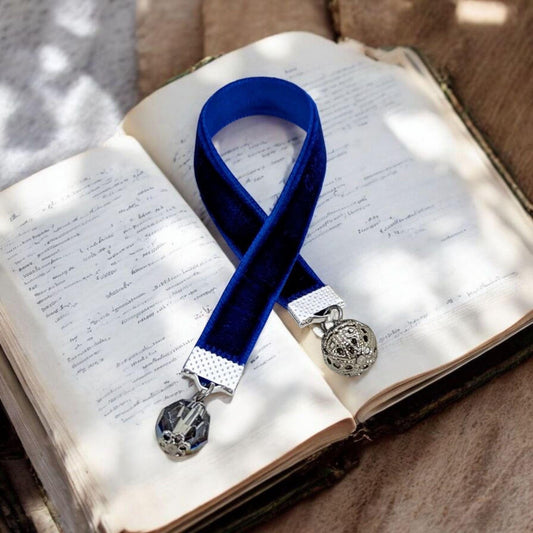 Mini Velvet Bookmark – Deep Blue with Crystal & Filigree Silver Charms | 6" Ribbon | Elegant Book Accessory Gift for Readers