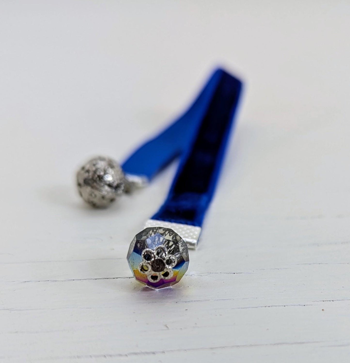 Mini Velvet Bookmark – Deep Blue with Crystal & Filigree Silver Charms | 6" Ribbon | Elegant Book Accessory Gift for Readers