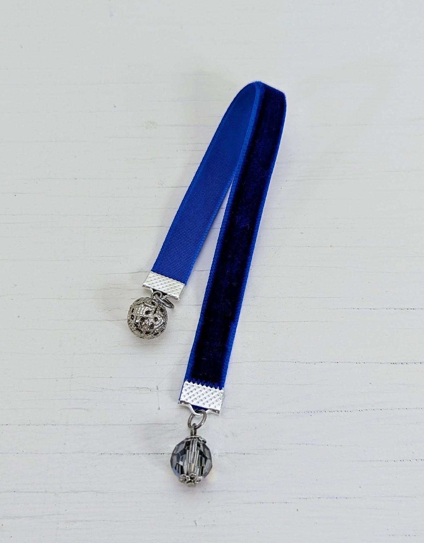 Mini Velvet Bookmark – Deep Blue with Crystal & Filigree Silver Charms | 6" Ribbon | Elegant Book Accessory Gift for Readers