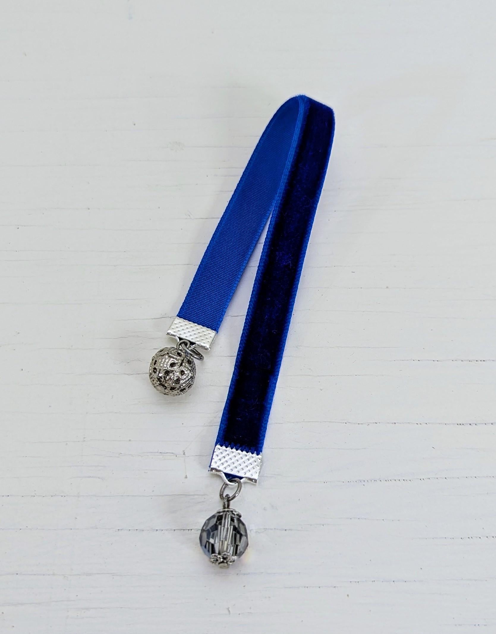 Mini Velvet Bookmark – Deep Blue with Crystal & Filigree Silver Charms | 6" Ribbon | Elegant Book Accessory Gift for Readers